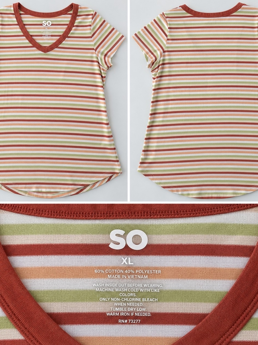 SO Striped V-Neck Tee in Rust, Green & Cream
